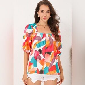 NEW Abstract Multicolor Square Neck with Pleats Short Sleeve Blouse
